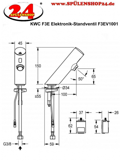 KWC PROFESSIONAL F3E Elektronik Standventil F3EV1001 DN 15 fr Waschanlagen, opto-elektronisch gesteuert mit Batteriefach