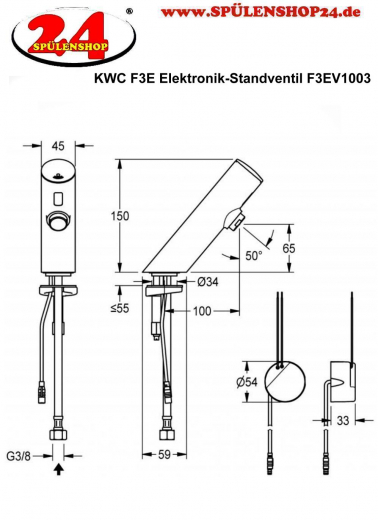 KWC PROFESSIONAL F3E Elektronik Standventil F3EV1003 DN 15 fr Waschanlagen, opto-elektronisch gesteuert mit Wandeinbau-Netzteil