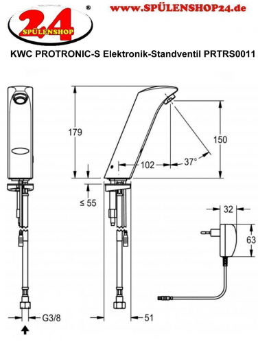 KWC PROFESSIONAL Protronic-S Elektronik Standventil PRTRS0011 DN 15 fr Waschanlagen, opto-elektronisch gesteuert mit Steckernetzteil