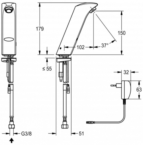 KWC PROFESSIONAL Protronic-S Elektronik Standventil PRTRS0011 DN 15 fr Waschanlagen, opto-elektronisch gesteuert mit Steckernetzteil