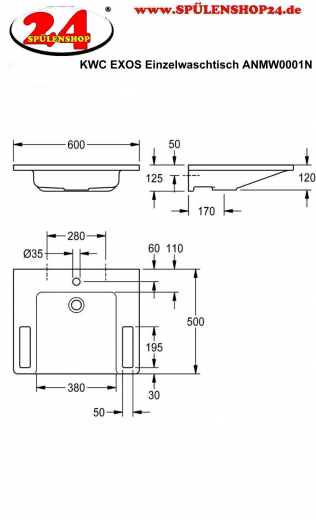 KWC PROFESSIONAL EXOS Einzelwaschtisch ANMW0001N Waschtisch MIRANIT fr Wandmontage unterfahrbar Barrierefrei* fr Rollstuhlfahrer geeignet