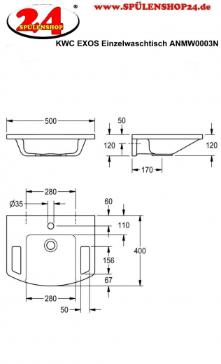 KWC PROFESSIONAL EXOS Einzelwaschtisch ANMW0003N Waschtisch MIRANIT fr Wandmontage Barrierefrei* fr Rollstuhlfahrer geeignet