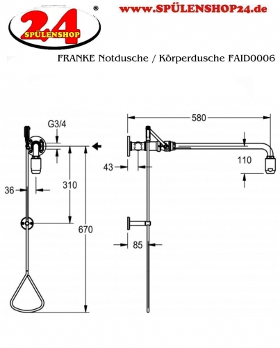 KWC PROFESSIONAL Erste Hilfe Notdusche / Krperdusche FAID0006 mit Wasserfhrung aus der Decke oder von Rechts