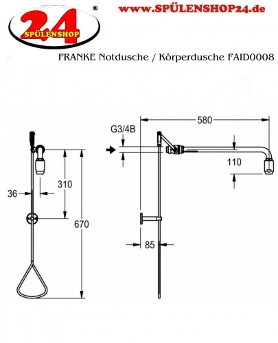 KWC PROFESSIONAL Erste Hilfe Notdusche / Krperdusche FAID0008 zum Anschluss an Rohrstutzen fr Aufputzmontage