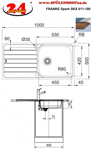 FRANKE Kchensple Spark SKX 611-100 Einbausple / Edelstahlsple mit Einbaurand und Siebkorb als Drehknopfventil