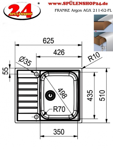 FRANKE Kchensple Argos AGX 211-62 Edelstahlsple Slimtop / Flchenbndig mit Integralablauf und Druckknopfventil