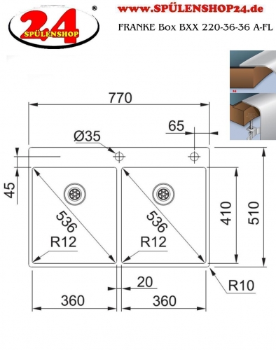 FRANKE Kchensple Box BXX 220-36-36 A Edelstahlsple Slimtop / Flchenbndig mit Siebkorb als Drehknopfventil