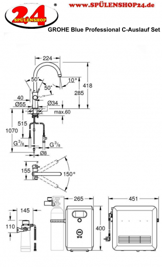 GROHE Blue Professional C-Auslauf SET Spltisch-Einhebelmischer mit Filterfunktion und Khlung (31323002)