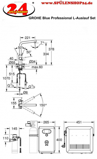 GROHE Blue Professional L-Auslauf SET Spltisch-Einhebelmischer mit Filterfunktion und Khlung (31347003)