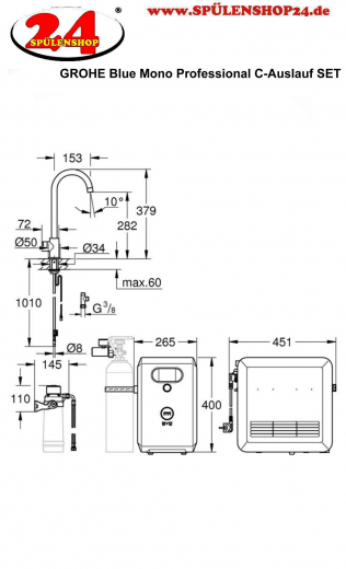 GROHE Blue Mono Professional SET Standventil Chrom mit Filterfunktion und Khlung (31302002)