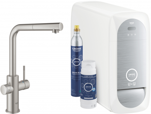 GROHE Blue Home L-Auslauf Starter Kit Kchenarmatur Supersteel mit Filterfunktion und herausziehbarem Mousseurauslauf (31539DC0)