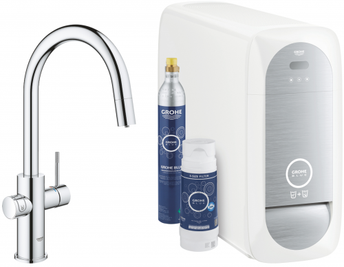 GROHE Blue Home C-Auslauf Starter Kit Kchenarmatur Chrom mit Filterfunktion und herausziehbarem Mousseurauslauf (31541000)