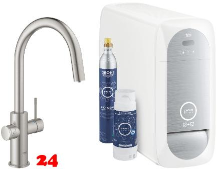 GROHE Blue Home C-Auslauf Starter Kit Kchenarmatur Supersteel mit Filterfunktion und herausziehbarem Mousseurauslauf (31541DC0)