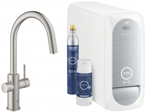 GROHE Blue Home C-Auslauf Starter Kit Kchenarmatur Supersteel mit Filterfunktion und herausziehbarem Mousseurauslauf (31541DC0)