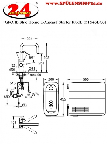 GROHE Blue Home U-Auslauf Starter Kit Kchenarmatur Supersteel mit Filterfunktion und herausziehbarem Mousseurauslauf (31543DC0)