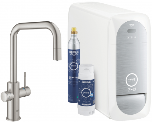 GROHE Blue Home U-Auslauf Starter Kit Kchenarmatur Supersteel mit Filterfunktion und herausziehbarem Mousseurauslauf (31543DC0)