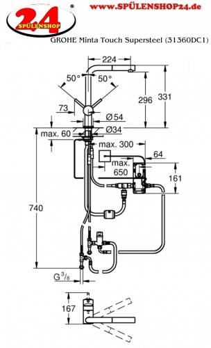 GROHE Kchenarmatur Minta Touch Einhebelmischer Supersteel elektronisch gesteuert mit Zugauslauf (31360DC1)