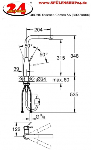 GROHE Kchenarmatur Essence Einhebelmischer Chrom mit Zugauslauf und Brausefunktion (30504000)