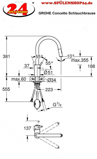 GROHE Kchenarmatur Concetto Einhebelmischer Chrom mit Zugauslauf als Schlauchbrause (31483002)