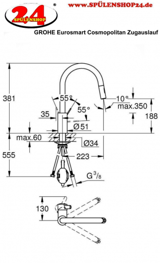 GROHE Kchenarmatur Eurosmart Cosmopolitan Einhebelmischer Chrom mit Zugauslauf und Brausefunktion (31481001)