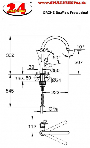 GROHE Kchenarmatur BauFlow Einhebelmischer Chrom mit Festauslauf (31538001)