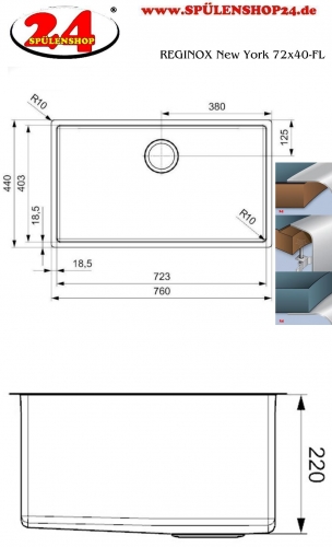 REGINOX Kchensple New York 72x40 (L) OKG Einbausple Edelstahl 3 in 1 mit Flachrand Siebkorb als Stopfenventil