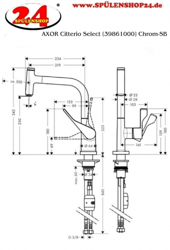 AXOR Kchenarmatur Citterio Select Chrom Einhebelmischer 230 mit Zugauslauf als Ausziehauslauf und Select-Knopf (39861000)