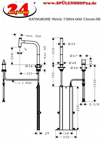 HANSGROHE Kchenarmatur Metris Select M71 Chrom 2-Loch Einhebelmischer 200 mit Ausziehauslauf, 1jet, sBox (73804000)