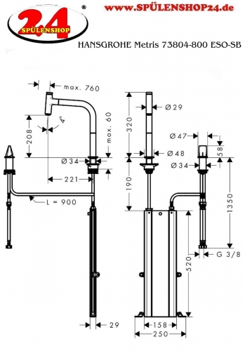 HANSGROHE Kchenarmatur Metris Select M71 Edelstahl Finish 2-Loch Einhebelmischer 200 mit Ausziehauslauf, 1jet, sBox (73804800)