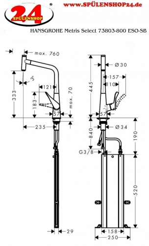 HANSGROHE Kchenarmatur Metris Select M71 Edelstahl Finish Einhebelmischer 320 mit Ausziehauslauf, 1jet, sBox (73803800)