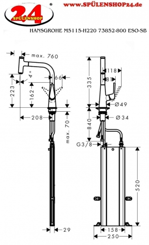 HANSGROHE Kchenarmatur Talis Select M51 Edelstahl Finish Einhebelmischer 220 mit Ausziehauslauf, 1jet, sBox (73852800)