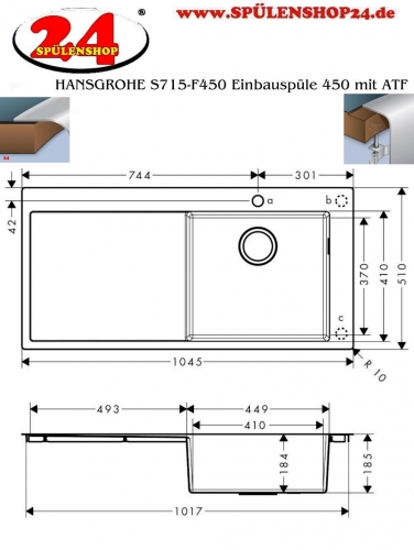 HANSGROHE Kchensple S715-F450 Einbausple 450 mit Abtropfflche Edelstahlsple Flachrand Siebkorb als Stopfenventil