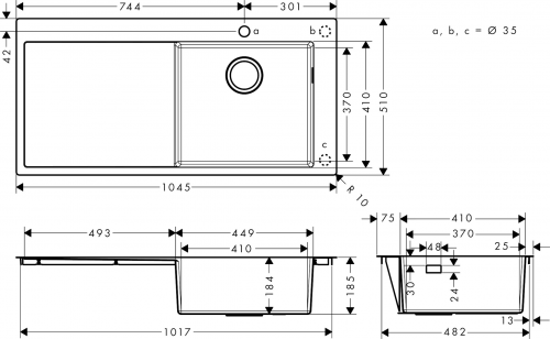 HANSGROHE Kchensple S715-F450 Einbausple 450 mit Abtropfflche Edelstahlsple Flachrand Siebkorb als Stopfenventil