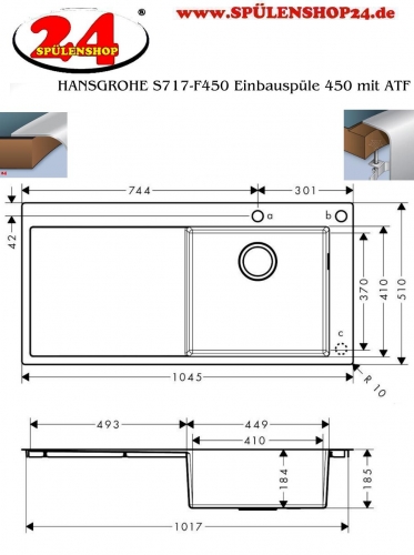 HANSGROHE Kchensple S717-F450 Einbausple 450 mit Abtropfflche Edelstahlsple Flachrand Siebkorb als Drehknopfventil