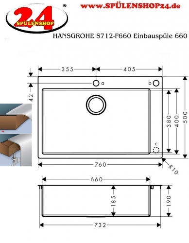 HANSGROHE Kchensple S712-F660 Einbausple 660 Edelstahlsple Flachrand Siebkorb als Drehknopfventil