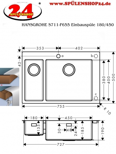 HANSGROHE Kchensple S711-F655 Einbausple 180/450 Edelstahlsple Flachrand Siebkorb als Stopfenventil
