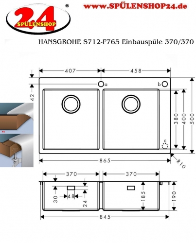 HANSGROHE Kchensple S712-F765 Einbausple 370/370 Edelstahlsple Flachrand Siebkorb als Drehknopfventil