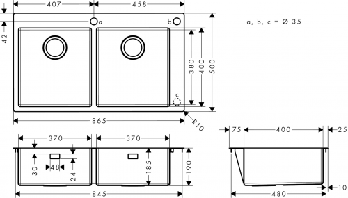 HANSGROHE Kchensple S712-F765 Einbausple 370/370 Edelstahlsple Flachrand Siebkorb als Drehknopfventil