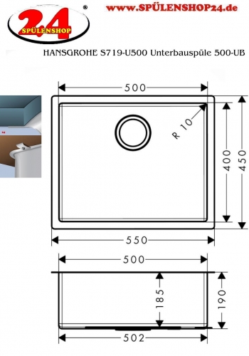 HANSGROHE Kchensple S719-U500 Edelstahlsple 500 3 in 1 (Einbau, Unterbau, Flchenbndig) mit Siebkorb als Stopfen- oder Drehknopfventil