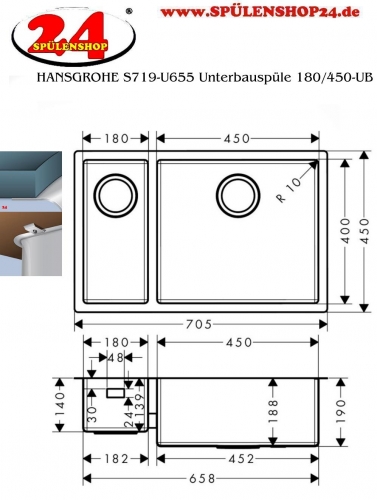 HANSGROHE Kchensple S719-U655 Edelstahlsple 180/450 3 in 1 (Einbau, Unterbau, Flchenbndig) mit Siebkorb als Stopfen- oder Drehknopfventil