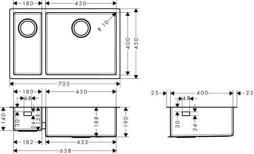 HANSGROHE Kchensple S719-U655 Edelstahlsple 180/450 3 in 1 (Einbau, Unterbau, Flchenbndig) mit Siebkorb als Stopfen- oder Drehknopfventil