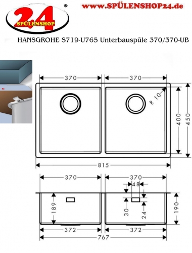 HANSGROHE Kchensple S719-U765 Edelstahlsple 370/370 3 in 1 (Einbau, Unterbau, Flchenbndig) mit Siebkorb als Stopfen- oder Drehknopfventil