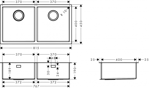 HANSGROHE Kchensple S719-U765 Edelstahlsple 370/370 3 in 1 (Einbau, Unterbau, Flchenbndig) mit Siebkorb als Stopfen- oder Drehknopfventil