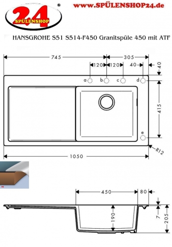 HANSGROHE Kchensple S51 S514-F450 SilicaTec Granitsple 450 mit Abtropfflche Einbausple in 3 Farben mit Siebkorb als Stopfen- oder Drehknopfventil