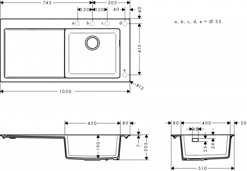 HANSGROHE Kchensple S51 S514-F450 SilicaTec Granitsple 450 mit Abtropfflche Einbausple in 3 Farben mit Siebkorb als Stopfen- oder Drehknopfventil