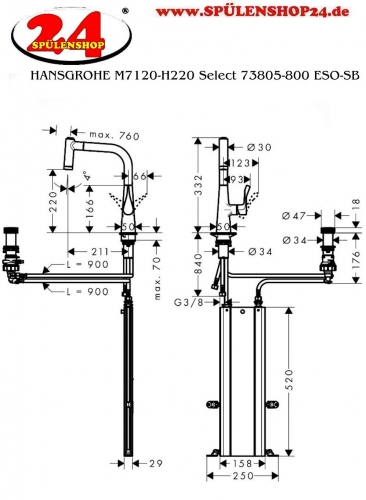 HANSGROHE Kchenarmatur Metris Select M71 Edelstahl Finish 2-Loch Einhebelmischer 220 mit Ausziehbrause, 2jet, sBox (73805800)