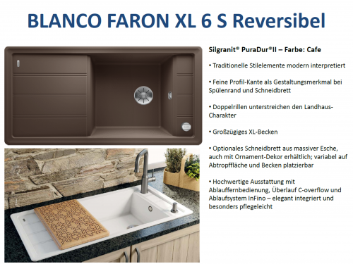 BLANCO Faron XL 6-S Silgranit PuraDurII Granitsple / Einbausple Ablaufsystem InFino mit Drehknopfventil