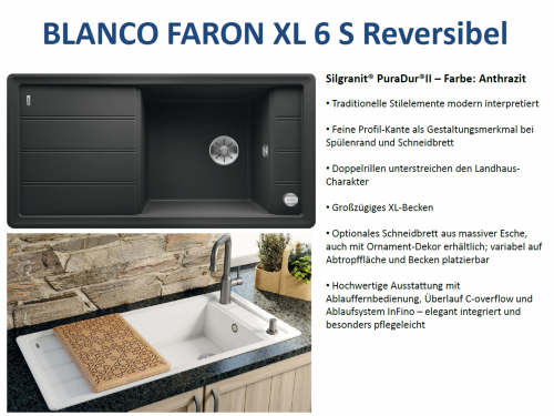 BLANCO Faron XL 6-S Silgranit PuraDurII Granitsple / Einbausple Ablaufsystem InFino mit Drehknopfventil