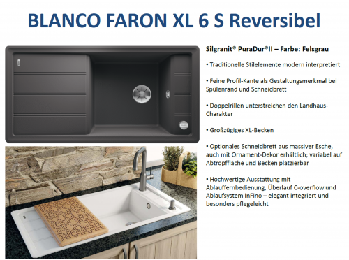 BLANCO Faron XL 6-S Silgranit PuraDurII Granitsple / Einbausple Ablaufsystem InFino mit Drehknopfventil