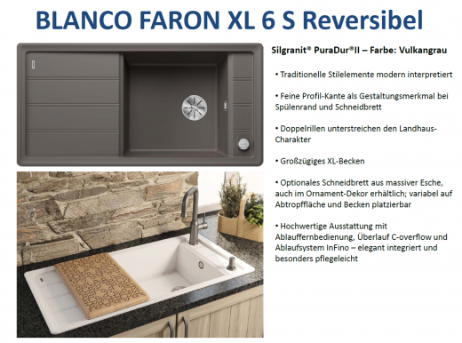 BLANCO Faron XL 6-S Silgranit PuraDurII Granitsple / Einbausple Ablaufsystem InFino mit Drehknopfventil